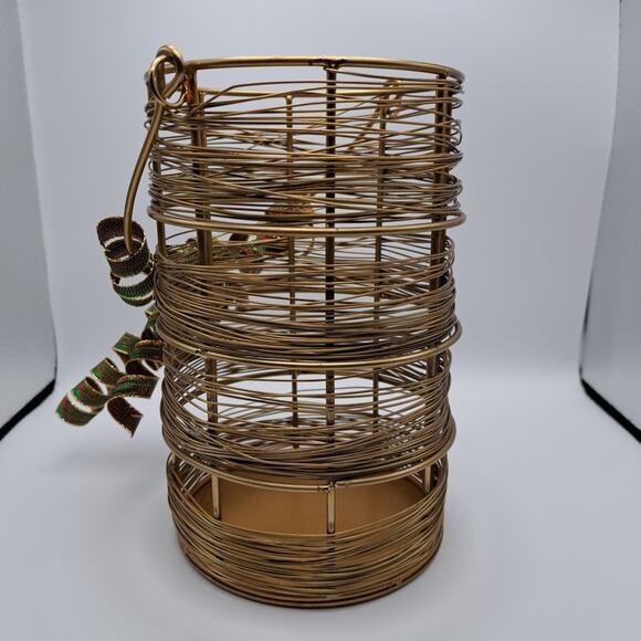 Gold Tone Wire Hurricane Candle Holder with Handle Removable Ribbon Home Decor - Picture 2 of 8